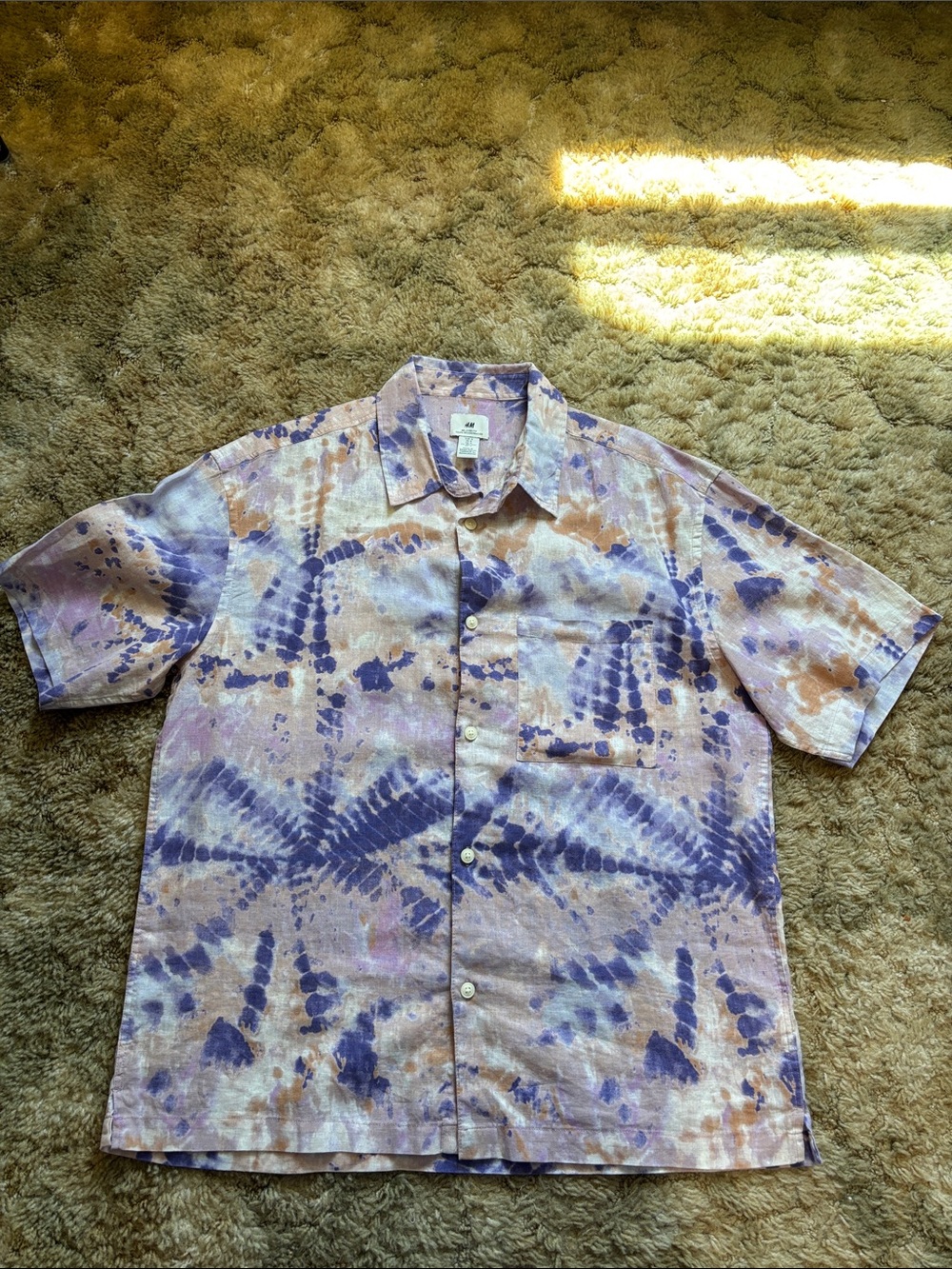 Casual Tie-Dye Short Sleeve Shirt - Purple & Tan